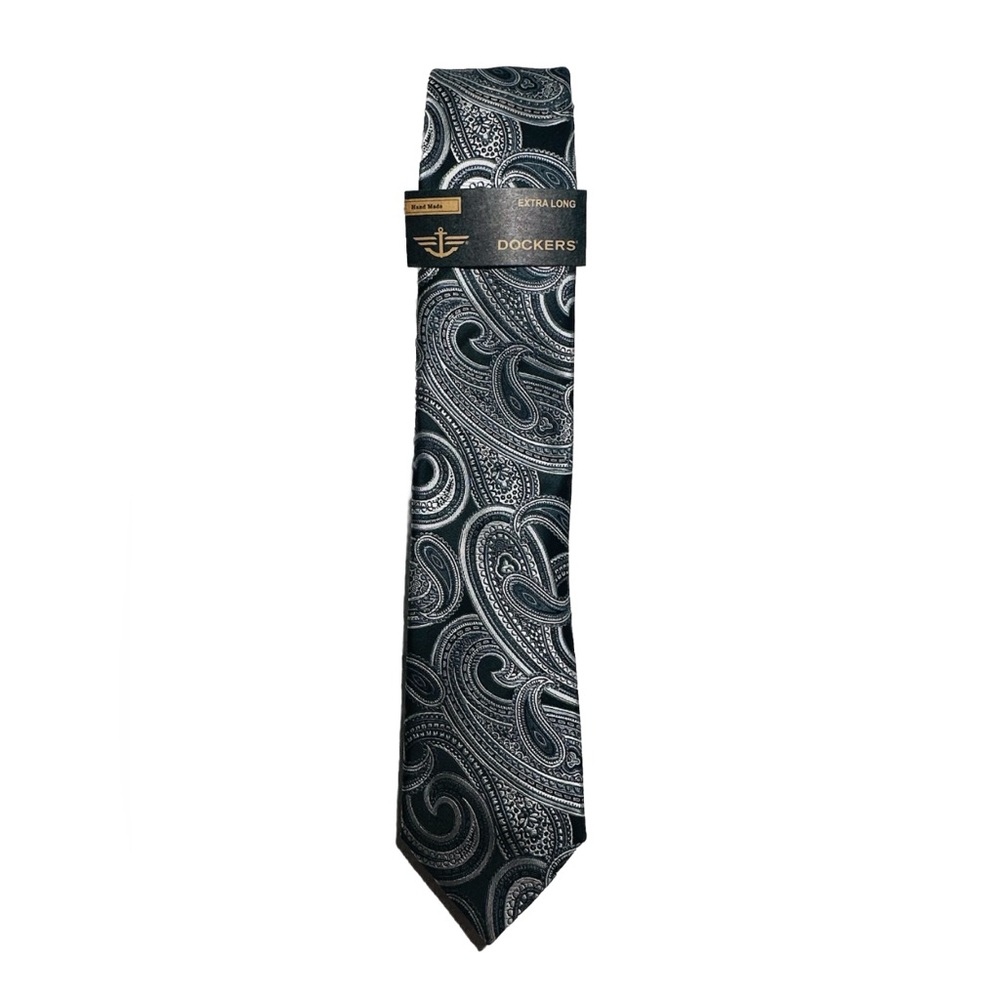 DOCKERS Men's Black Gray‎ White Paisley Print Polyester Tie Extra Long Work New
